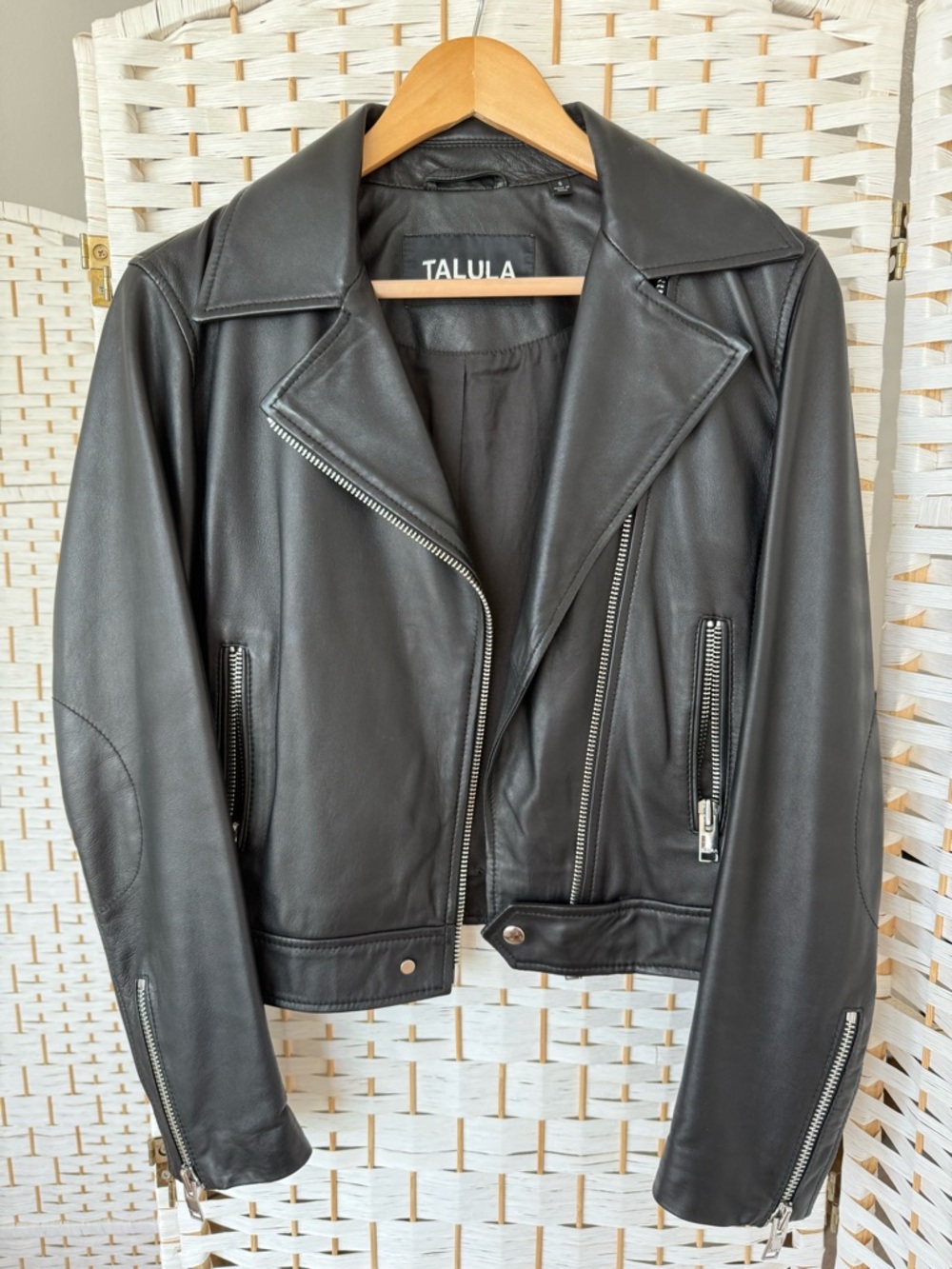 Talula Black Leather Biker Jacket with Zipper Details